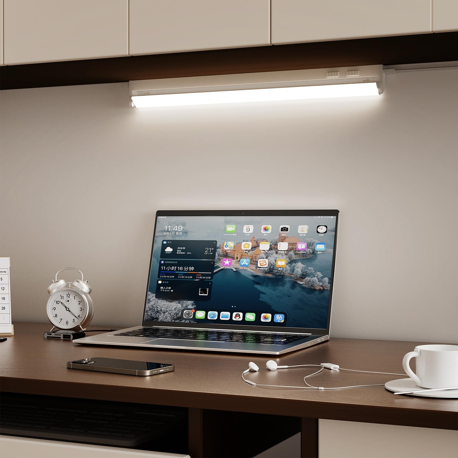 Lampara LED Regulable para Luce Cocina bajo Mueble, 12W 1080Lm Longitud 610MM Lampara Aplique de Pared LED con Interruptor, Cable de Alimentación y Enchufe, 5 Temperatura de Color
