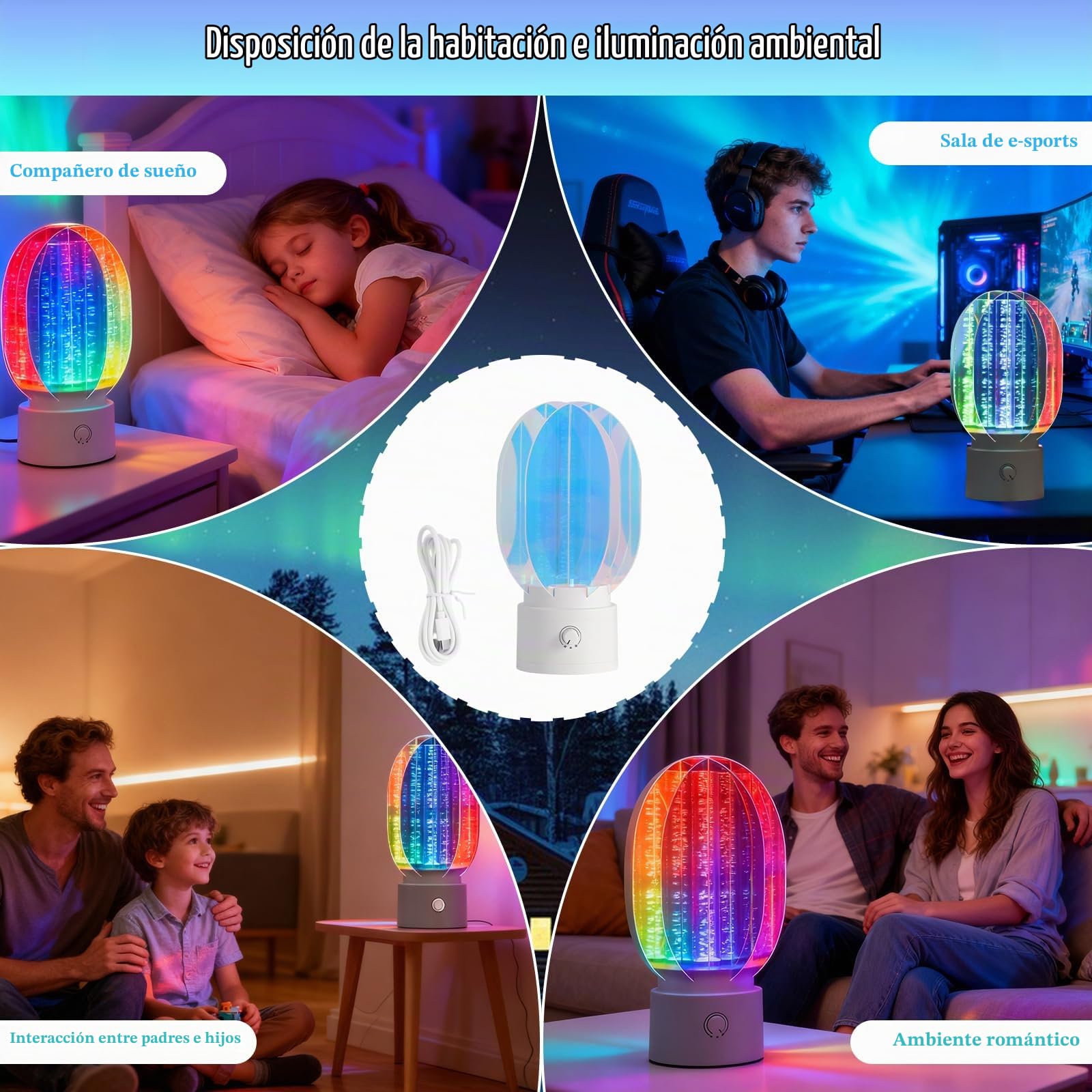 Lámpara de Noche Aurora 3D Giratoria Regulable, para un Ambiente Romántico Estrellado, Proyector LED Giratorio de 360°, Decoración para la Habitación de los Niños