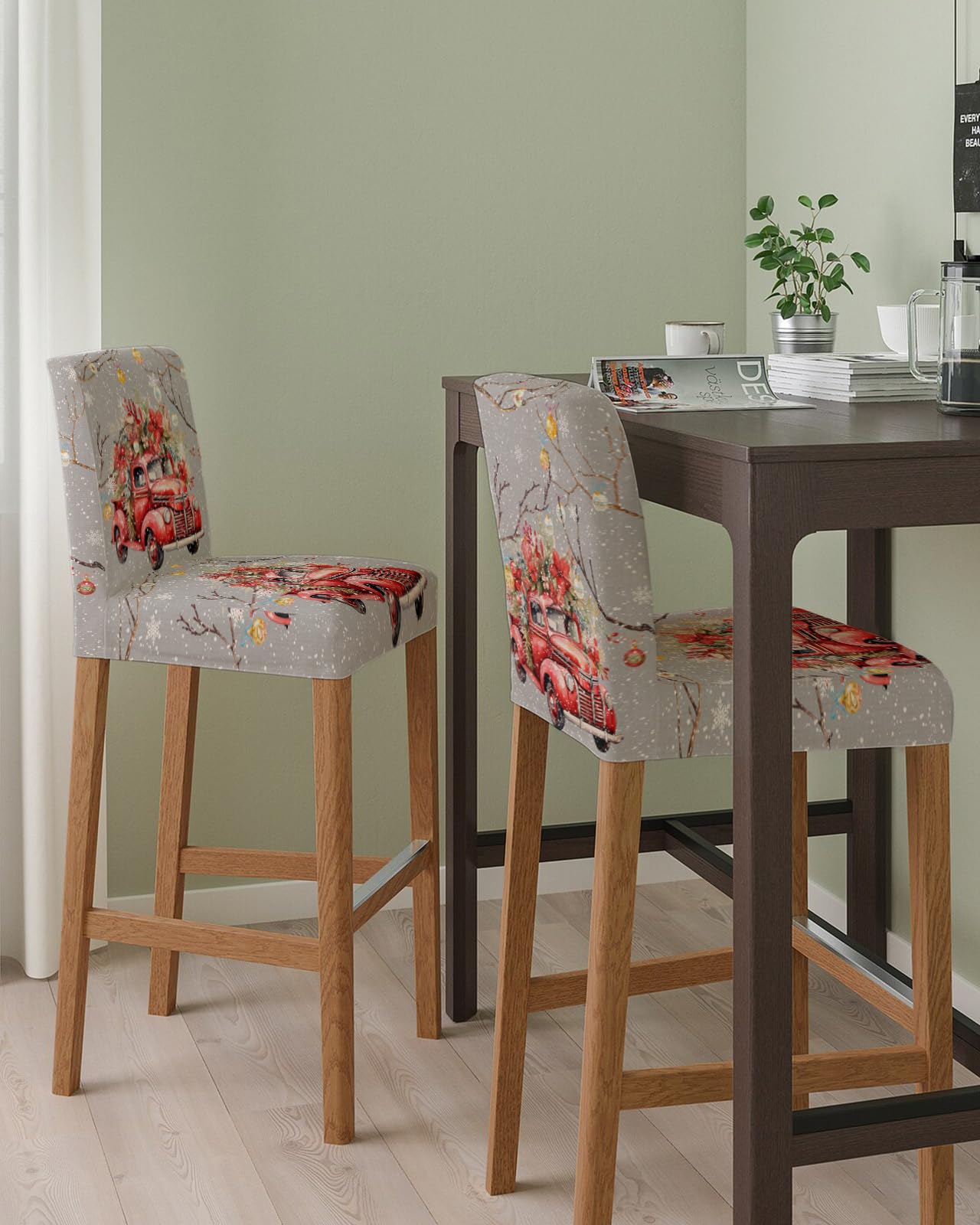 PIEPLE Xmas Red Truck Bar Stool Cover Set of 4, Stretch Removable Bar Stool Chair Covers with Backs Pub Counter Stool Chair Slipcover for Dining Room Cafe Christmas Balls Tree Branch Floral