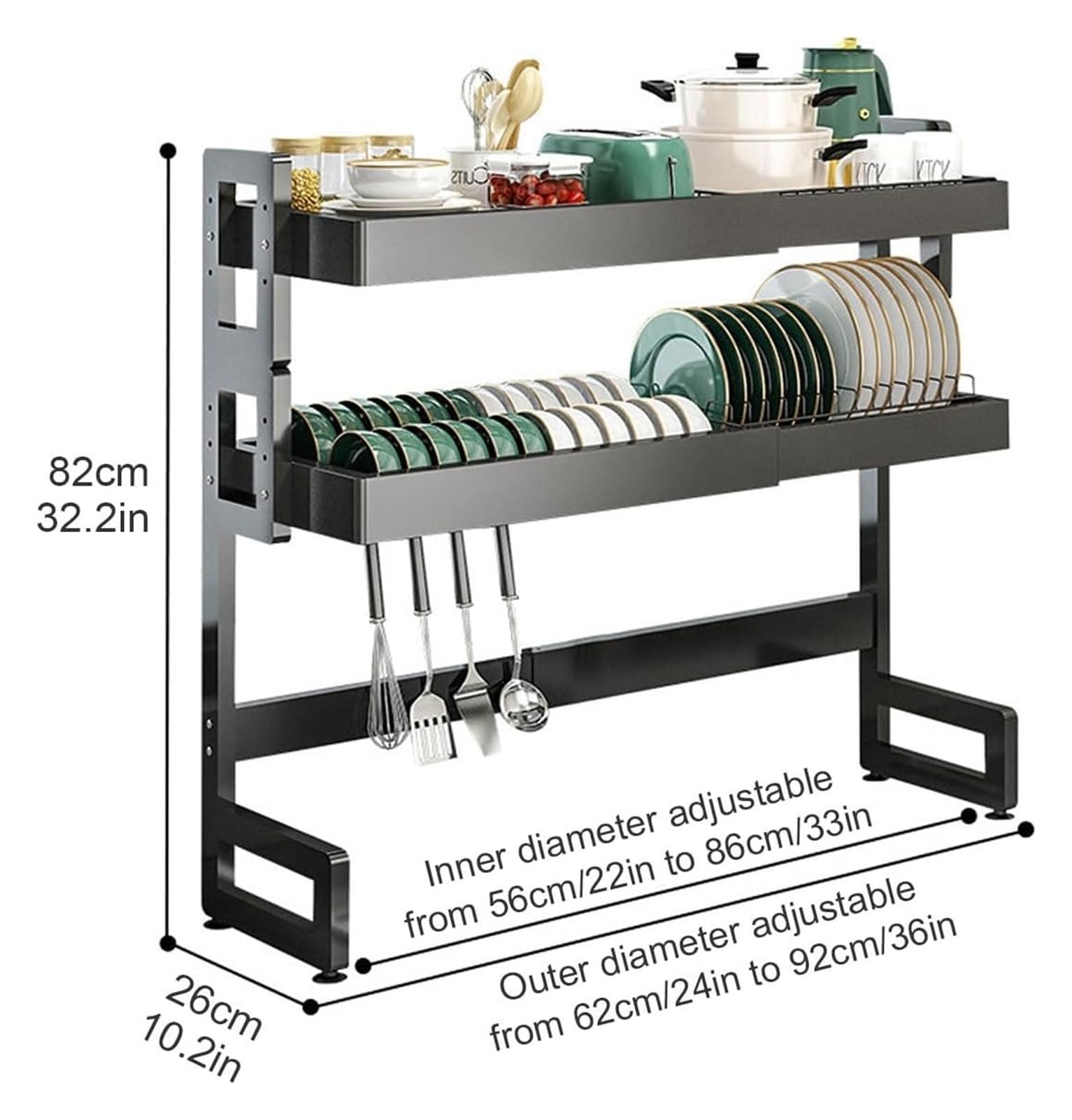 Scolapiatti in acciaio al carbonio per lavello da cucina, sopra lo stendibiancheria, salvaspazio, larghezza regolabile da 60 a 100 cm, accessori completi (doppio strato)