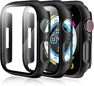 [3 Pack] Case for Apple Watch Series 9 Screen Protector 45mm Series 8 Series 7, EWUONU Hard PC Bumper Cover HD Tempered Glass Full Protective Case for iWatch Series 9/8/7 Accessories 45mm, Black