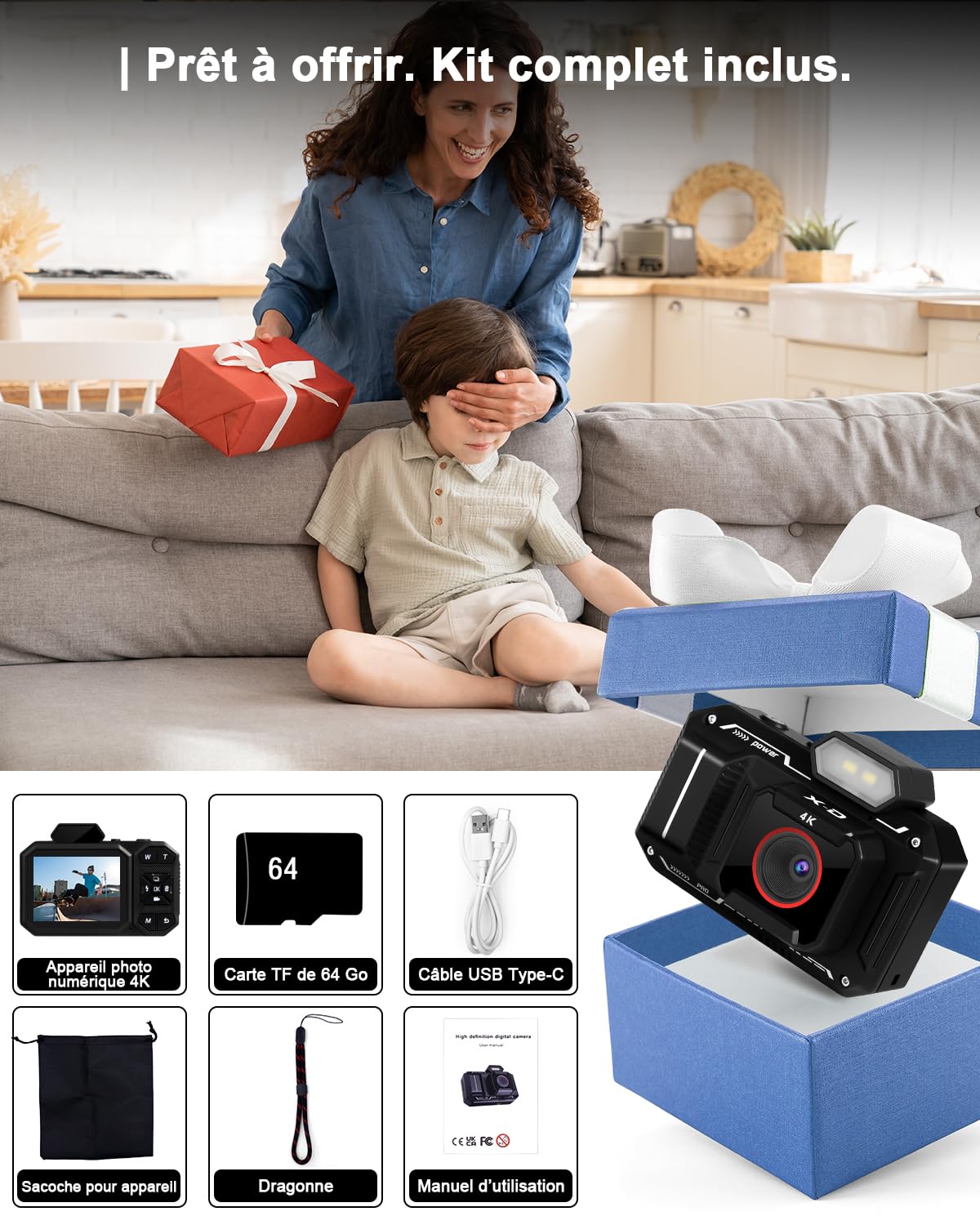 Appareil Photo Numérique, 4K Camera Vlog avec Carte De 64 Go, Autofocus 48MP, Zoom 12X, Flash Et Anti-Vibrations, Appareil Photo Compact, Digital Camera pour Adulte Étudiant et Adolescents