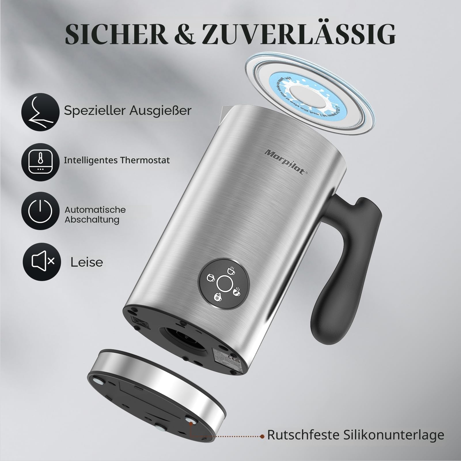 Morpilot Milchaufschäumer Elektrisch 4 in 1, 300ml, Milchschäumer für Heißer und Kalter Milchschaum und Schokolade, Antihaftbeschichtung, Leicht zu Reinigen, Edelstahl
