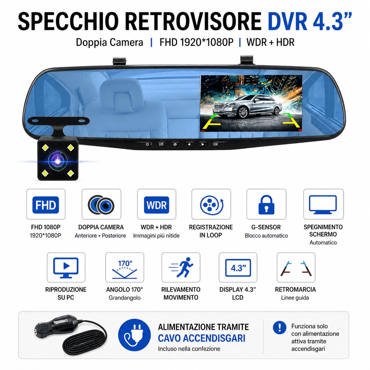 Dashcam per Specchietto Retrovisore 4.3" Full HD 1080P, Dual Lens Anteriore e Posteriore, Registrazione Loop, Telecamera Retromarcia, Supporto fino a 64GB, Facile Installazione, Visione Notturna