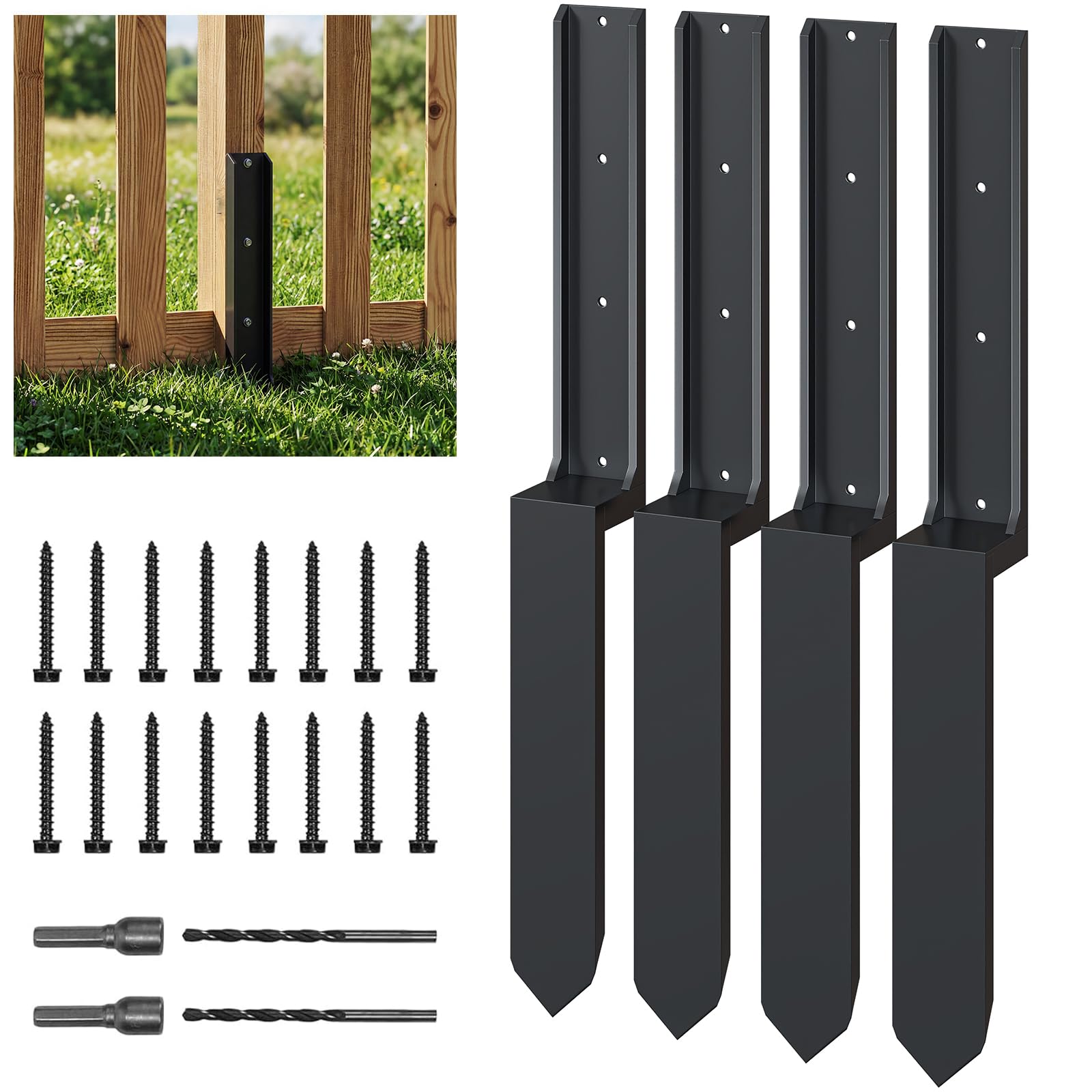 4 Pack Fence Post Repair Tools Kit, 33.5"L × 1.9"W Heavy Duty Metal Fence Stake Stabilizer, Thickened 11Gauge Fence Post Repair Kit for Repair of Broken/Tilted 4x4/6x6 Wooden Posts