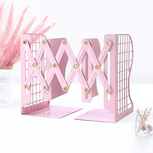 Adjustable Bookends, Simple Heavy-Duty Hollow Metal Bookends, Adjustable Up to 14 Inches, Scratch-Resistant Hand Coating, Used in Schools, Libraries, Students, and Families (Pink)
