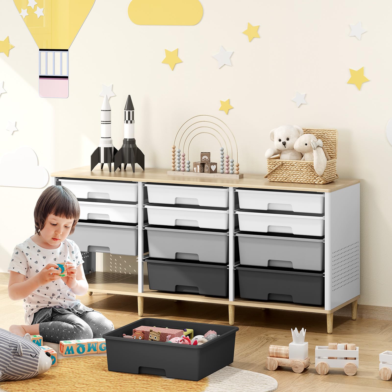 KINGRACK Cajones Almacenajeo 12 Cajones y Paneles Frontales de Madera—Una Solución de Almacenamiento Versátil para Hogares y Oficinas (Gris)