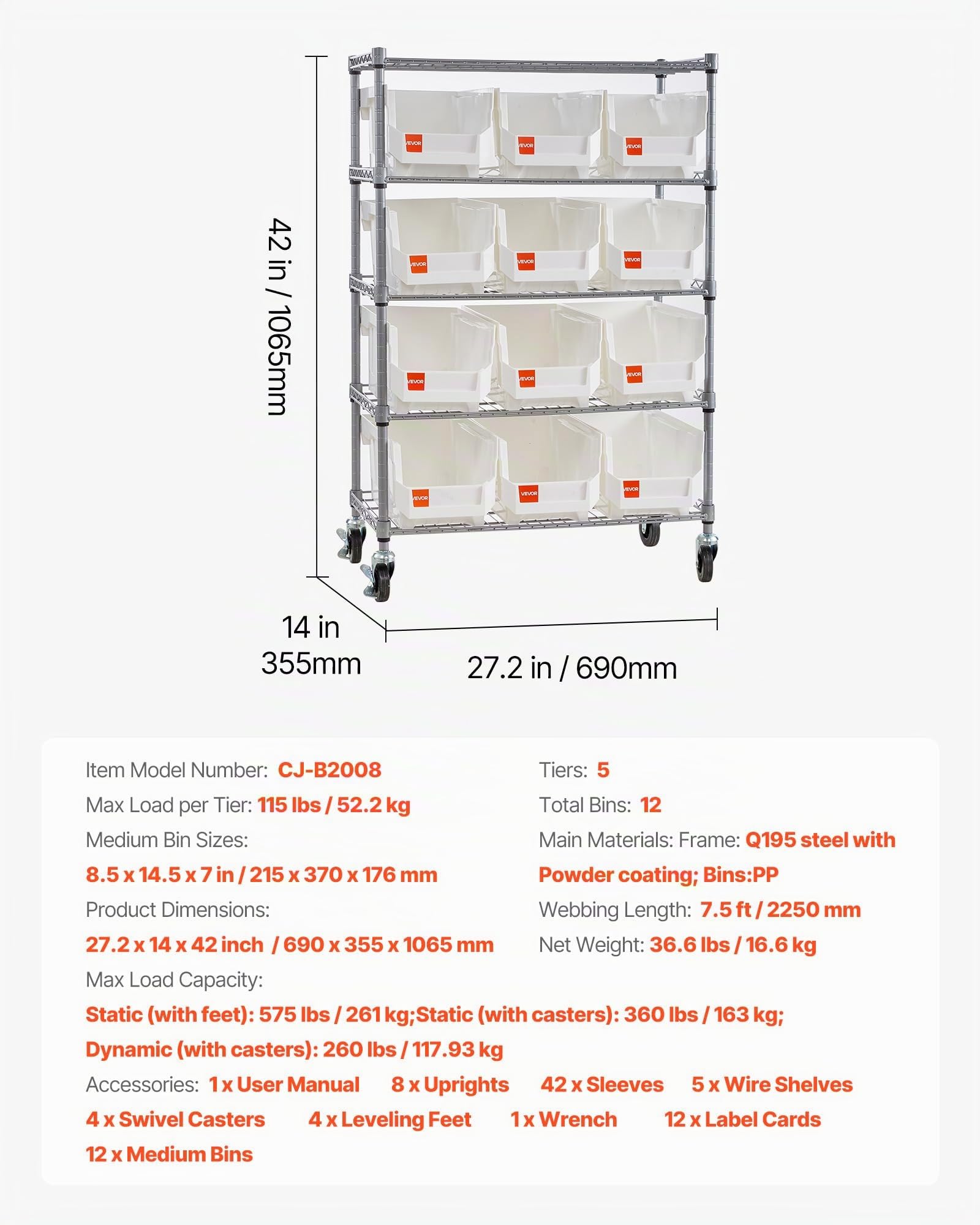 VEVOR Scaffale per Carichi Pesanti Portaoggetti con Ruote a 5 Ripiani, 12 Contenitori Portaoggetti, Sistema di Scaffalature in Filo d'Acciaio, per Garage, Magazzino, Ufficio, Ristorante, Aula, Cucina