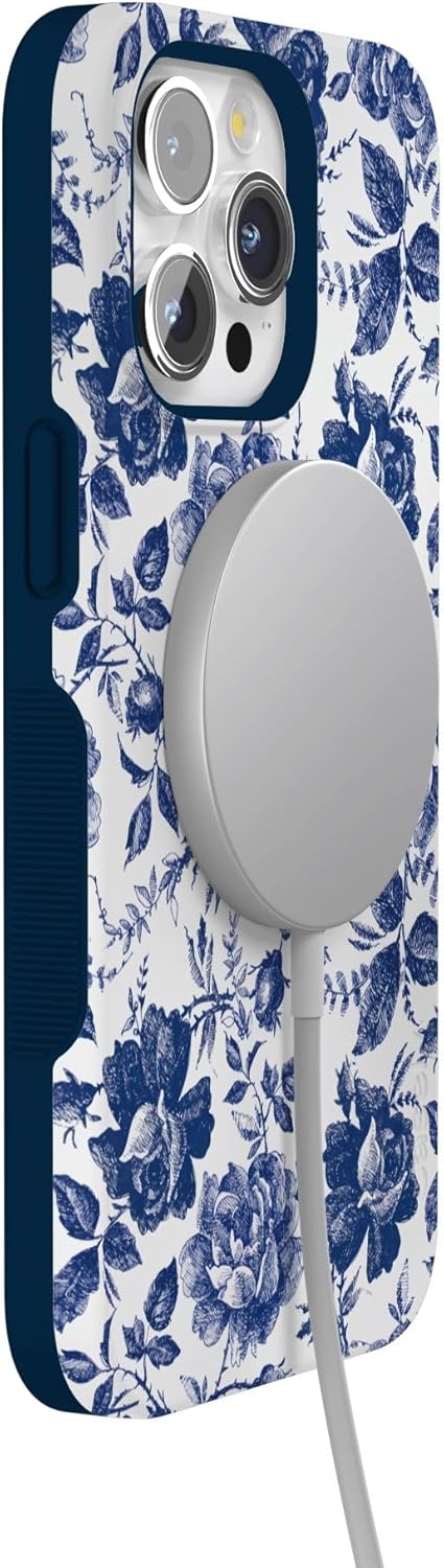 Casely iPhone 15 Pro Case | Rose to Fame | Blue & White Floral | Bold Protective Design | Compatible with MagSafe