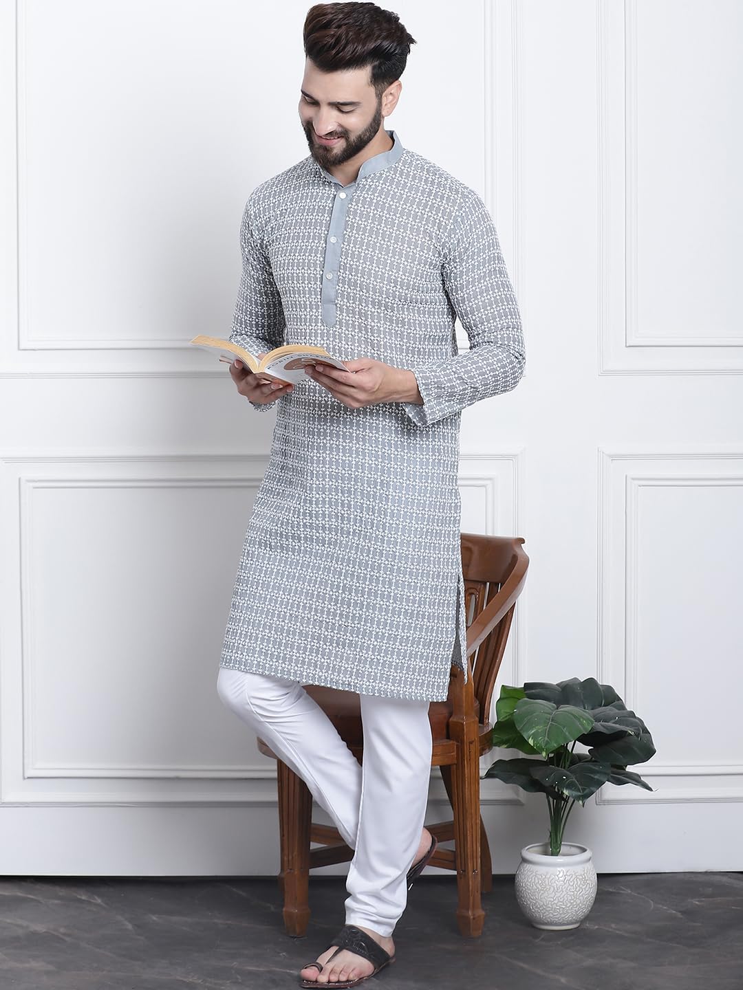 Sojanya (Since 1958 Men's Pure Cotton Grey Kurta With White Embroidery And White Pyjama Set