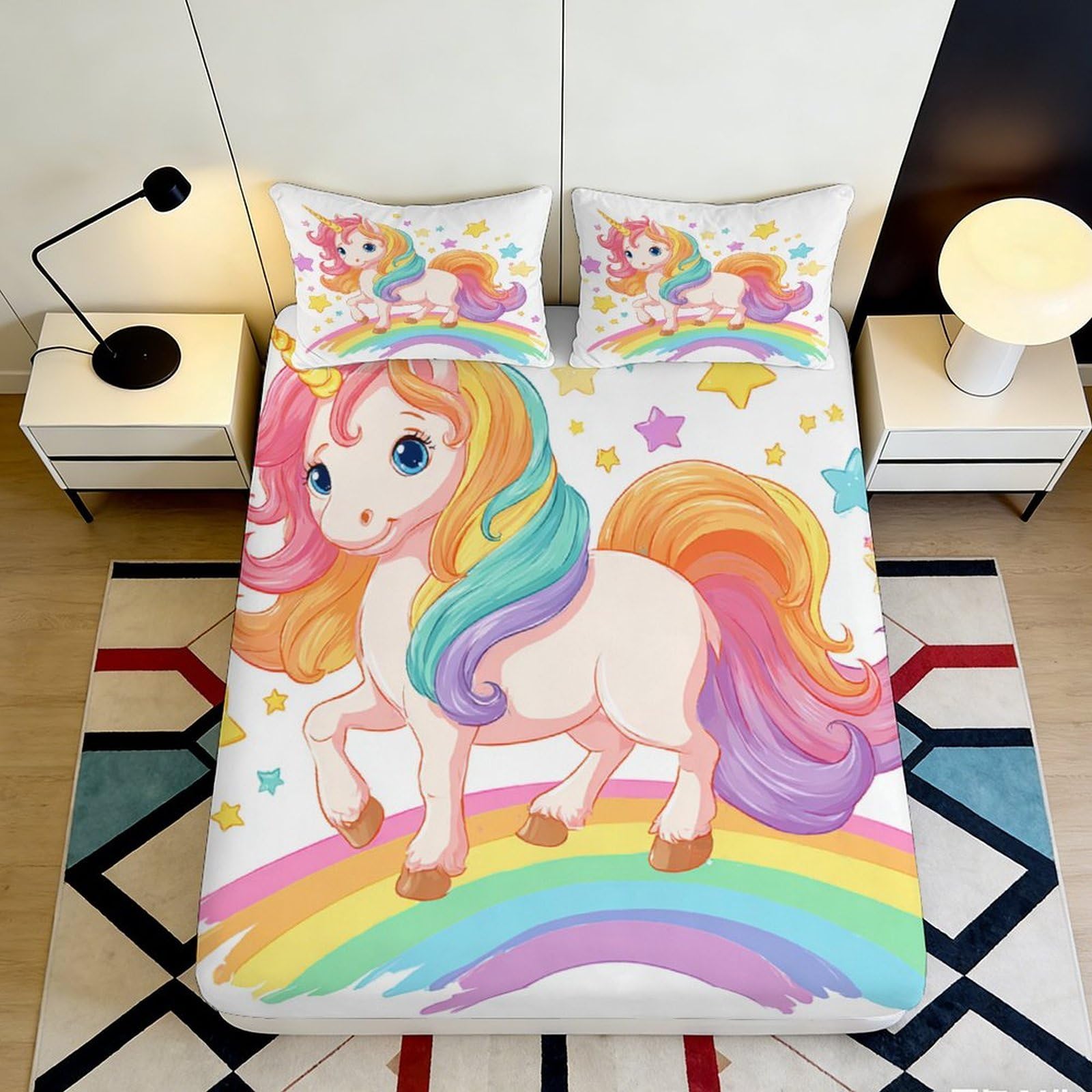 3D Printed Rainbow Unicorn Fitted Sheet Microfiber Soft Pastel Cartoon Bed Cover for Bedroom Dorm Mattress Decor 90x200x25cm