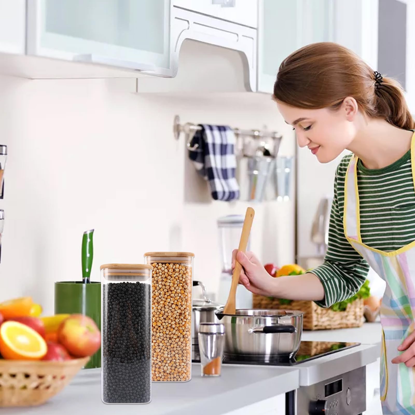 4 barattoli con coperchio, 2 l, in vetro con coperchio, ermetici, rettangolari con coperchio in legno, etichette e penna per pasta Cornflakes Spaghetti chicchi di caffè