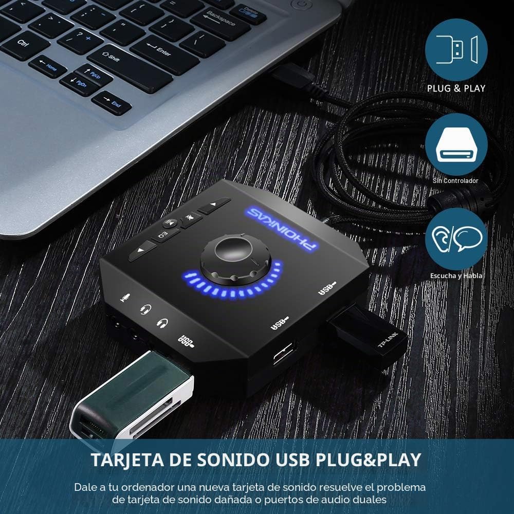 Tarjeta de Sonido Externa USB Audio Adaptador con 3.5mm Auriculares y Micrófono Control de Volumen Plug-Play para Fichas de Sonido Estéreo para Windows, Mac, PC, Portátiles de Escritorio - Negro