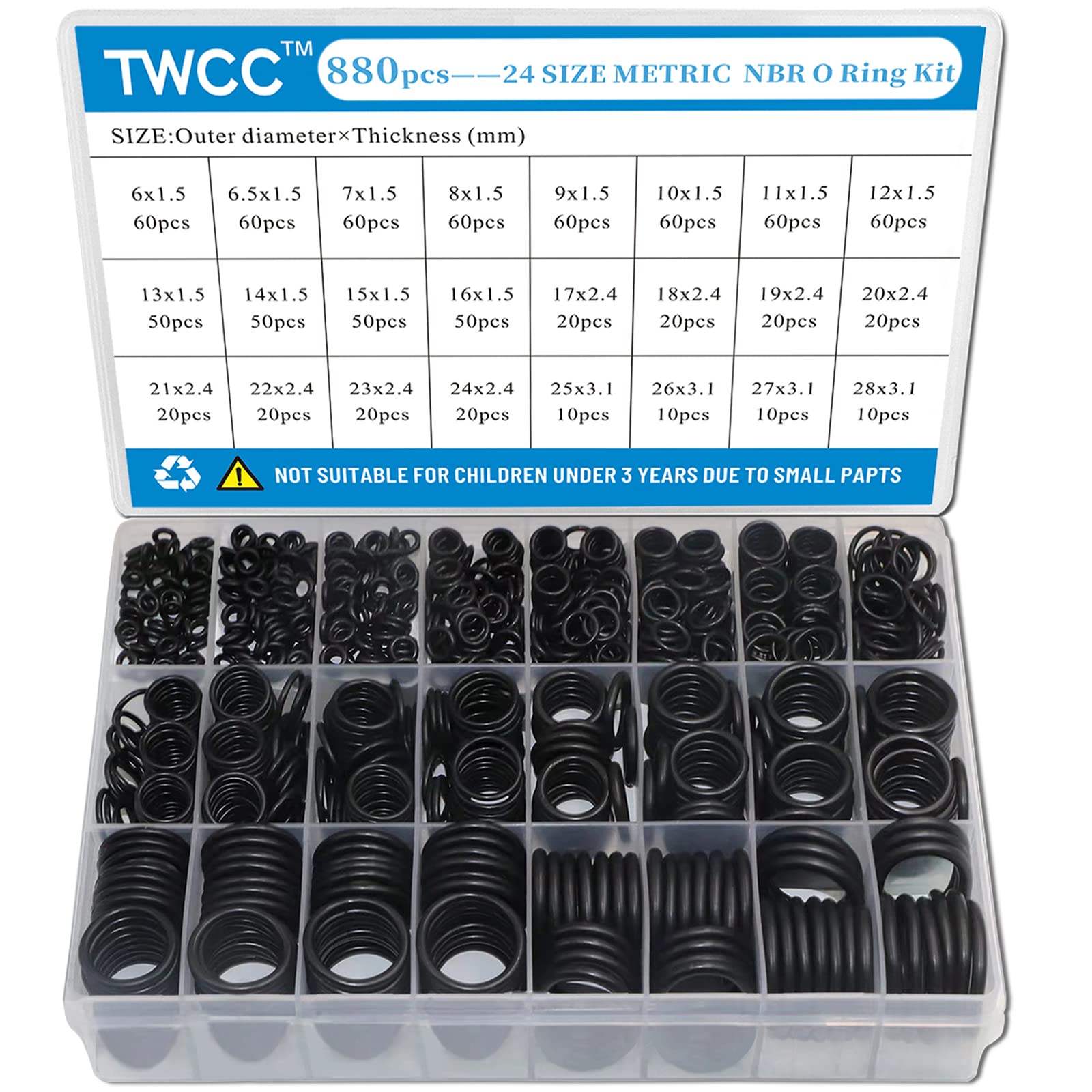 TWCC 24 Size Rubber O Ring Set, 880 PCS Black Small O Rings Assortment