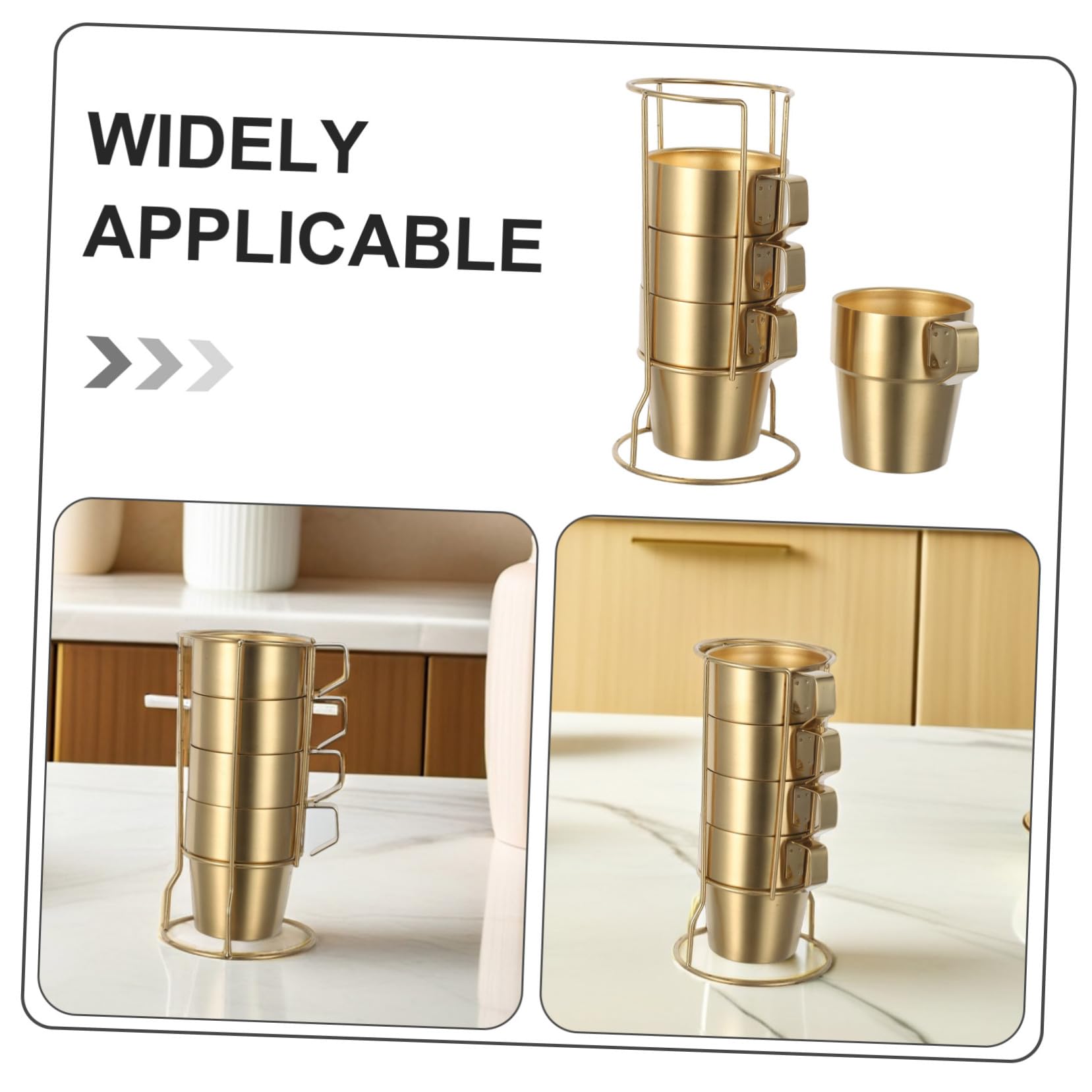 Tazas de Café de Acero Inoxidable Aisladas con Doble Pared y Asa de Tazas Apilables con Soporte Dorado Resistentes y Ergonómicas para Camping y Bebidas Calientes