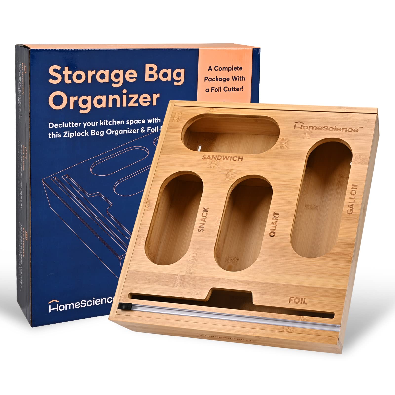 Natural Bamboo Ziplock Bag Organizer – 5 IN 1 Foil Dispenser with Food Storage Bag Organizer - Baggie Variety Pack Kitchen Wall – Ziplock Bag Organizer for Drawer Suitable for Sandwich, Gallon, Snack Bag, Quart