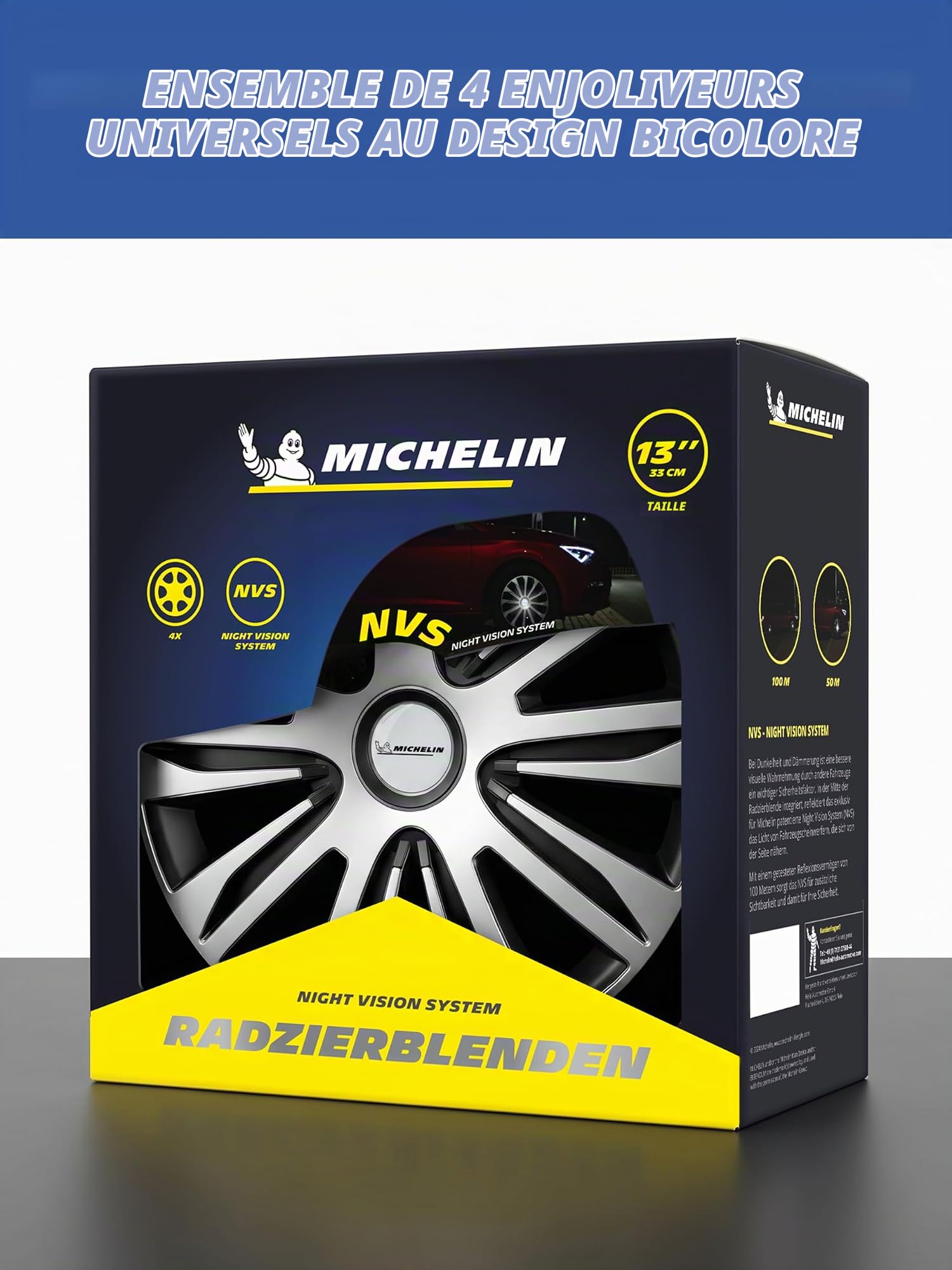 Michelin Alice Lot de 4 enjoliveurs universels en Plastique ABS pour Voiture Noir/argenté/Noir 13"