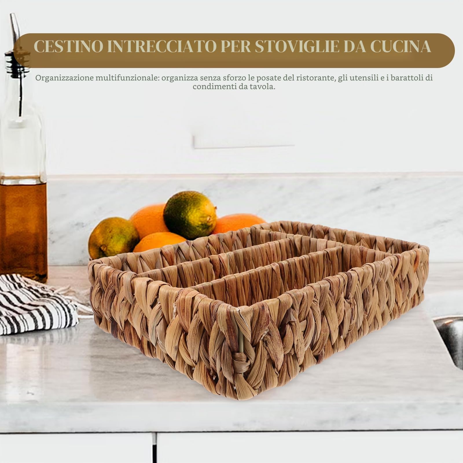 Ciieeo Cestino Porta Posate Intrecciato in Paglia 12.20X8.27X2.48In Organizer Diviso Per Posate E Utensili Da Cucina Design Compatto Salvaspazio Per Tavolo E Cassetti