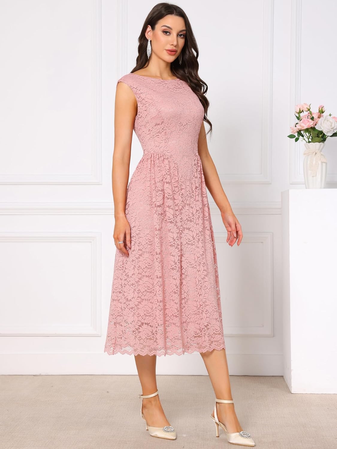 Womens' Wedding Guest Lace Dress 2025 Boat Neck Vintage Formal Evening Cocktail Midi Dresses