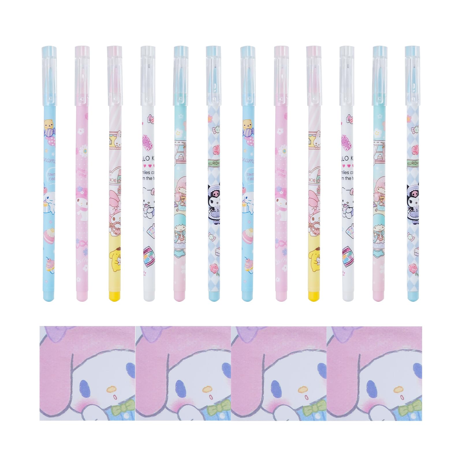 G-Ahora Cute Cartoon 12-Pack Black Gel Pens with Note Pad 0.5mm Fine Point Rollerball Pen Black Ink Pen for Office School (RYPen-CIN B)