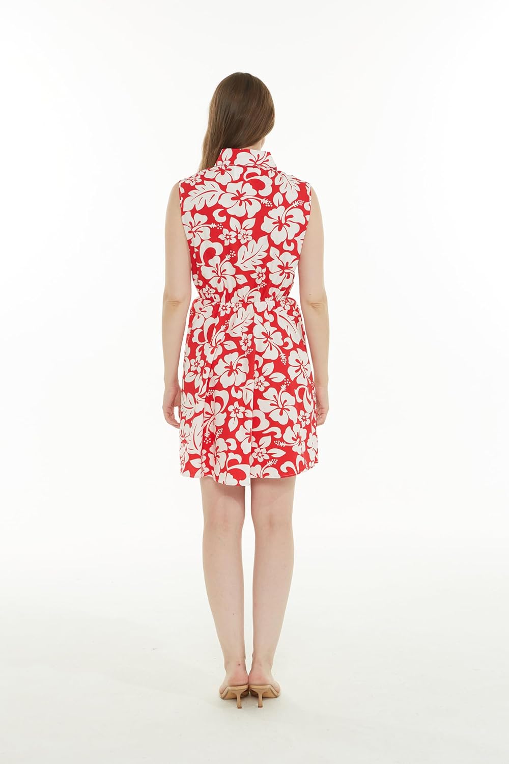 Matchable Family Hawaiian Luau Collar Shirt Dress, Classic Vintage Hibiscus Red, Women, Large - Image 3