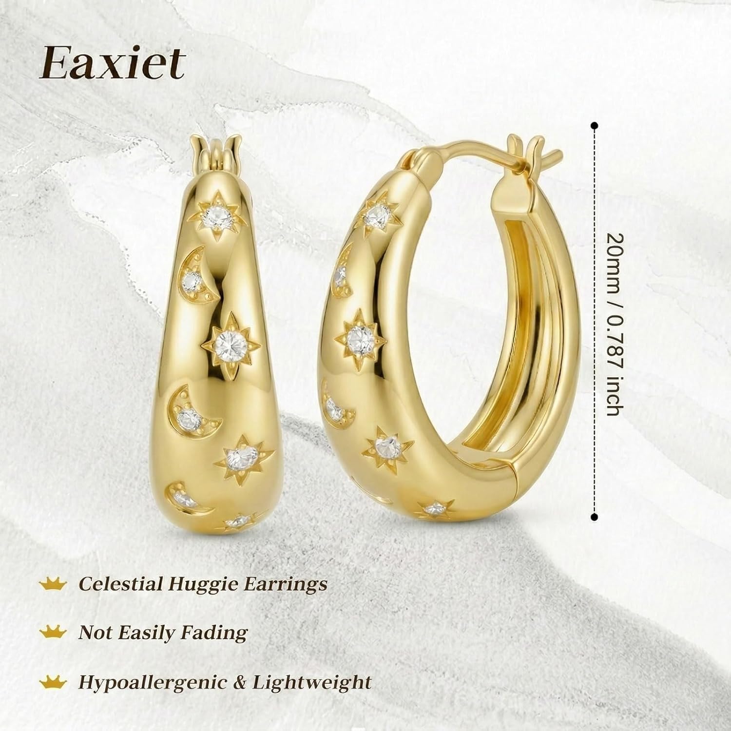 Gold Moon Star Earrings 14K Gold Earrings for Women 20mm Chunky Celestial Huggie Hoop Earrings Jewelry Gift for Girlfriend Mom