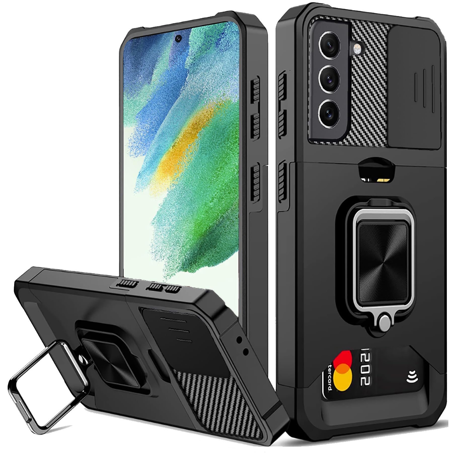 for Samsung S21 FE Case with Card Holder, Sumsung Galaxy S21 FE Case with Slide Camera Cover, 360° Rotate Ring Kickstand Heavy Duty Protective Phone Case for Samsung S21 FE Cover-Black