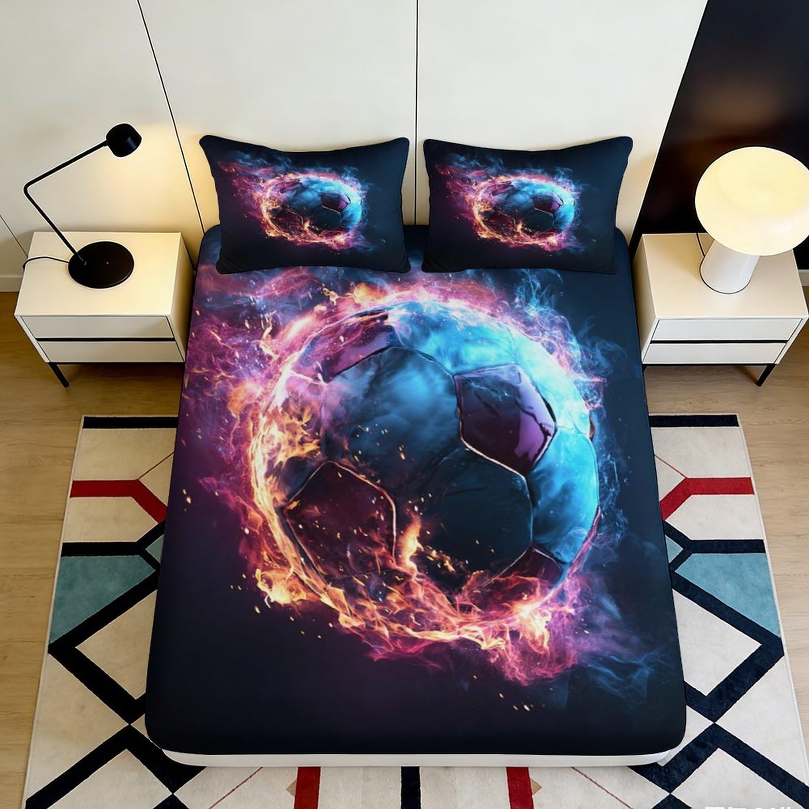 Pnayamiorkfel Style-9 3D Printed Fiery Soccer Fitted Sheet Microfiber Soft Breathable Electric Flame Bed Cover For Bedroom Dorm Decor Protection 90X200x25cm