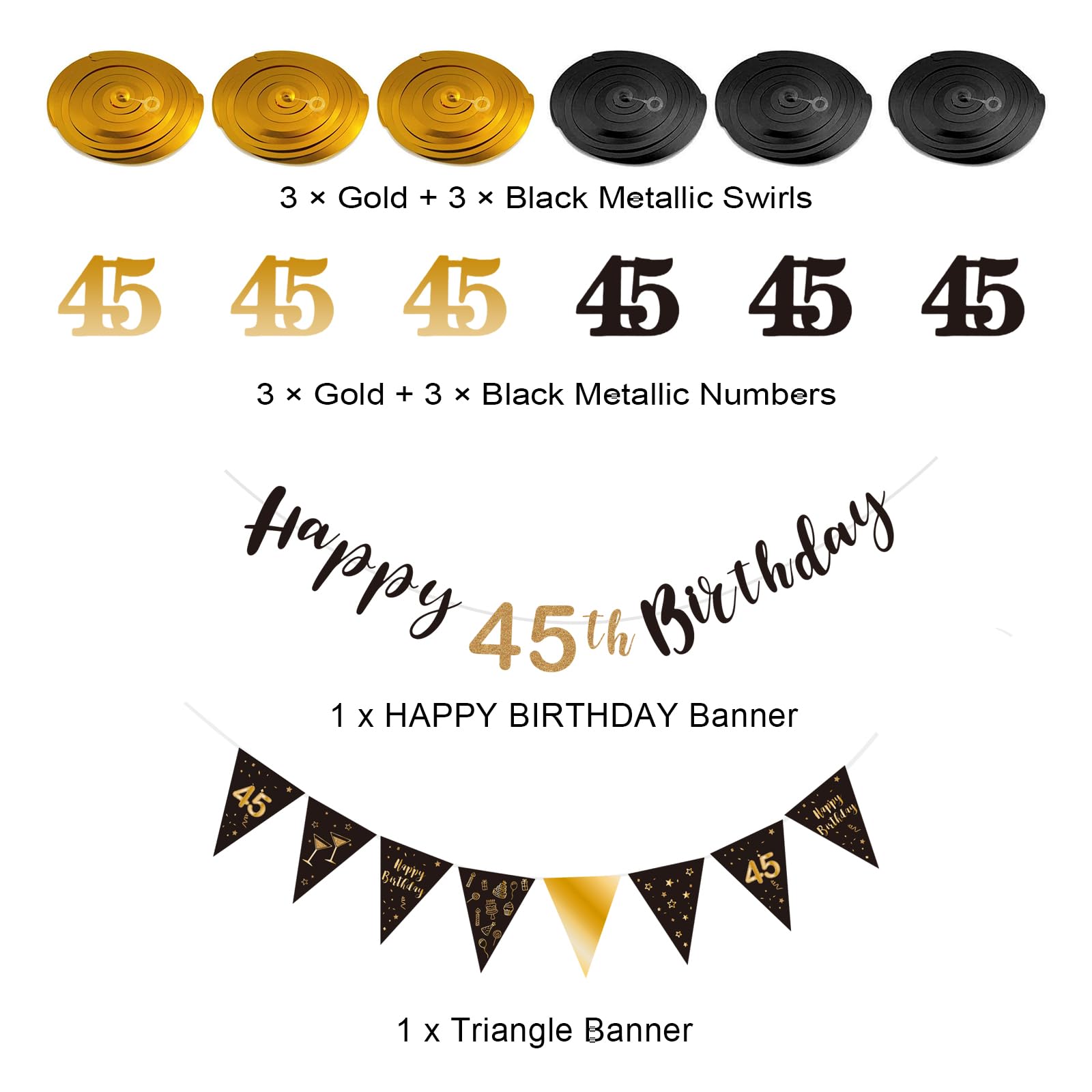 45. Geburtstag Dekoration Set – Mit Banner, Dreieck-Flaggen & Wirbeln, Schwarz, Für Geburtstagsparty