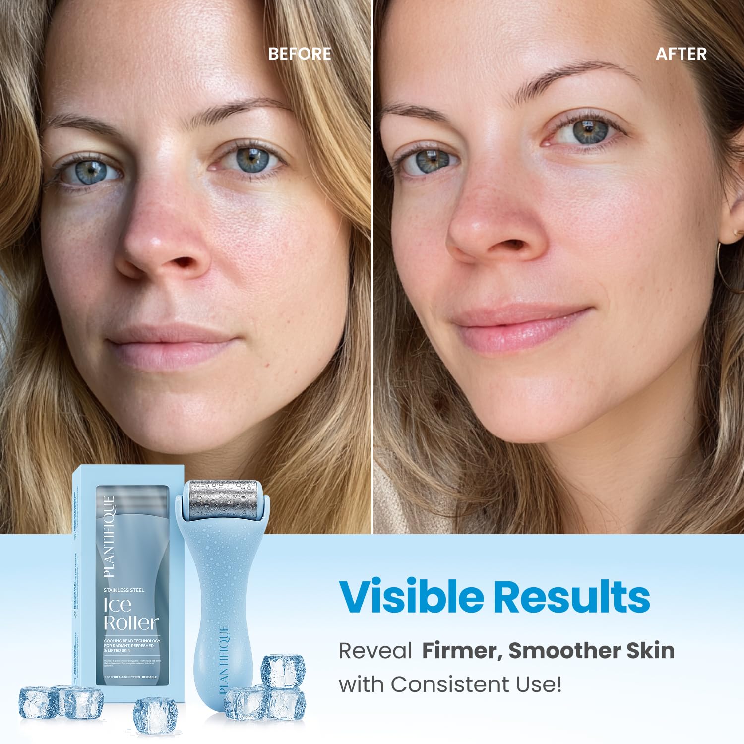 PLANTIFIQUE Ice Roller for Face - Stainless Steel Cooling Eye Roller - Reduce Puffiness, Improve Lymphatic Drainage & Soothe Skin
