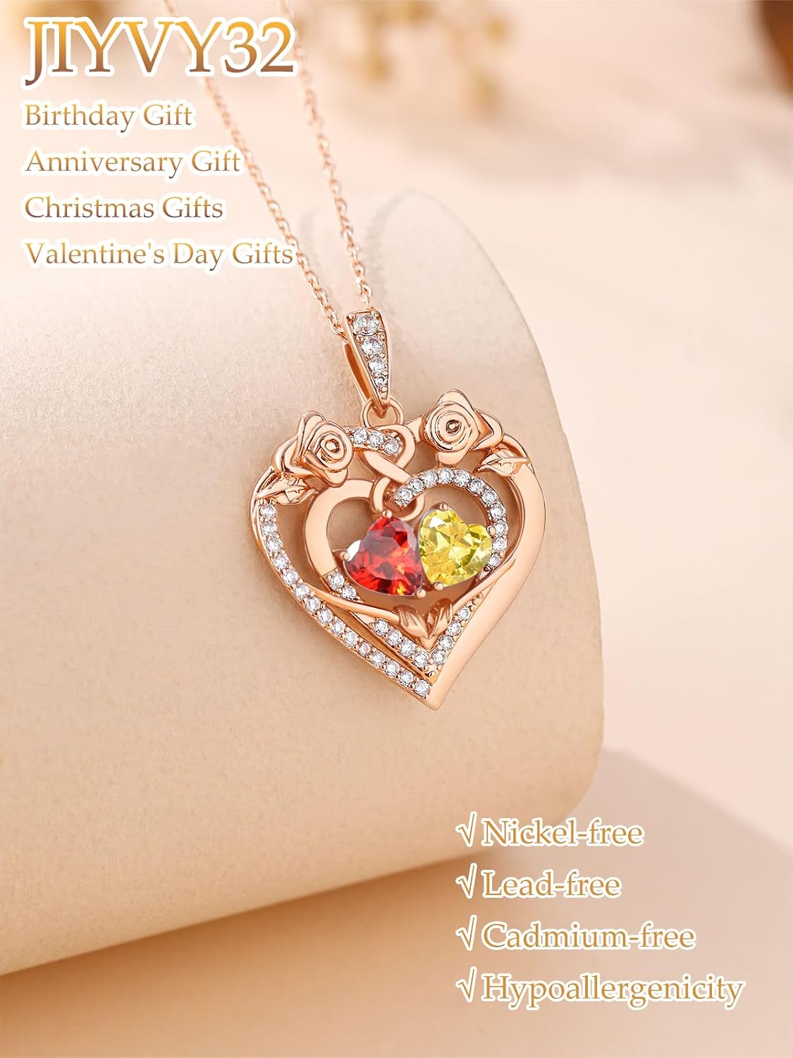 Rose Heart Necklace for Women Exquisite Anniversary Birthday Gifts for Wife Mother Her Double Birthstone Pendant Jewelry I Love You Gifts