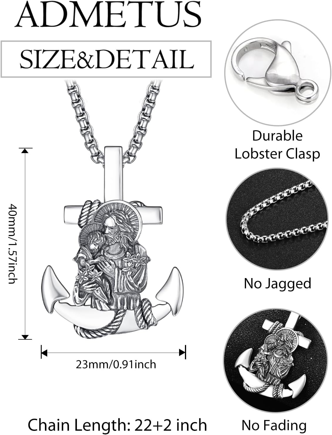 ADMETUS St Saint Joseph Necklace for Men Sterling Silver Anchor Pendant Nautical Navy Jewelry Religious Gifts - Image 2