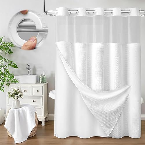 Miniatura 17 de Juego de cortina de ducha y forro sin gancho, cortina de ducha blanca de punto gofre con forro de 75 pulgadas de largo x 72 pulgadas de ancho Blanco
