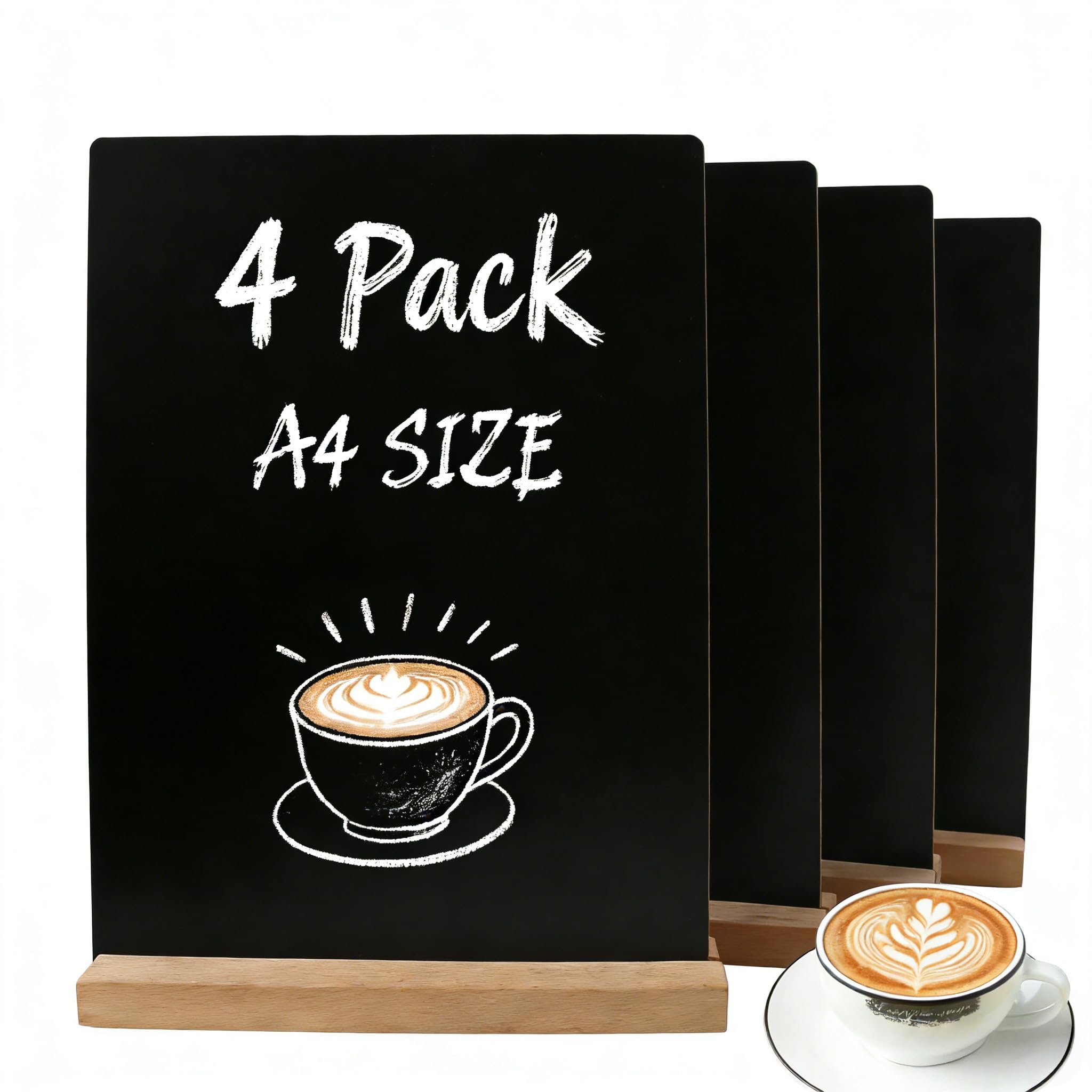 Lot de 4 tableaux noirs double face A4 avec support en bois, tableau noir effaçable pour mariage, restaurant, bar, fête, école, décorations d'anniversaire