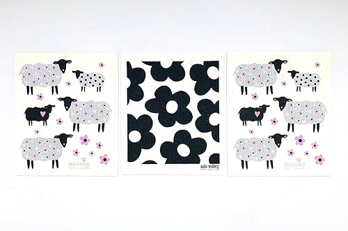 Sueco paños Natural paño de cocina de algodón ecológico con Country Pasture Sheep tema Blanco, Negro, Gris plata, rosa juego de 3