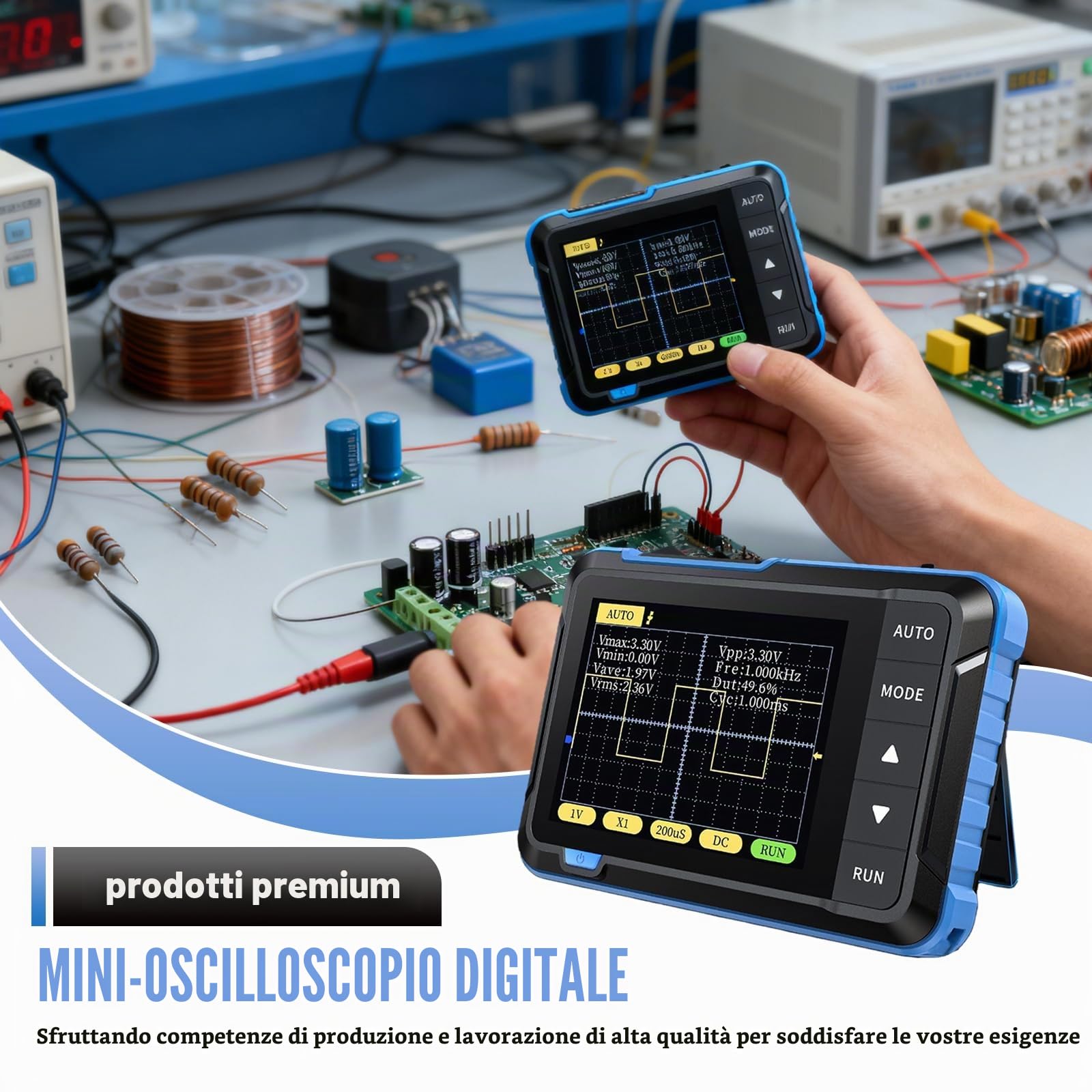 DSO152 - Mini oscilloscopio digitale, oscilloscopio digitale 200 KHz con frequenza di campionamento 2,5 MS/s, 2,8" TFT, modalità trigger Auto/Normale/Singolo, per principianti, fai da te, uso