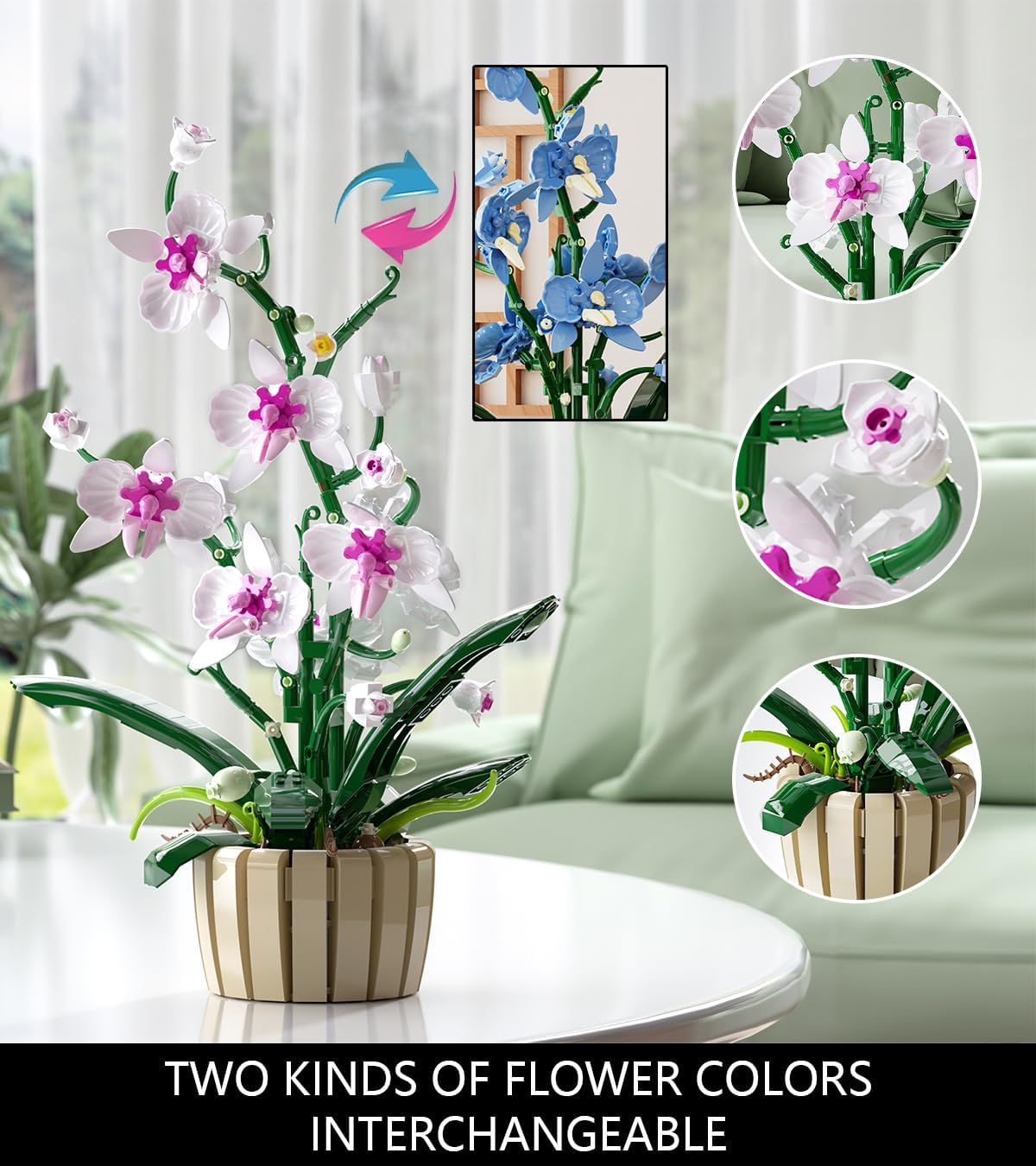 Icons Orchid Flowers Building Set, Exquisite Orchid Bonsai for Adult- Compatible with Lego Flowers, Ideal for Mothers and Valentine's Day Display (1192pcs)