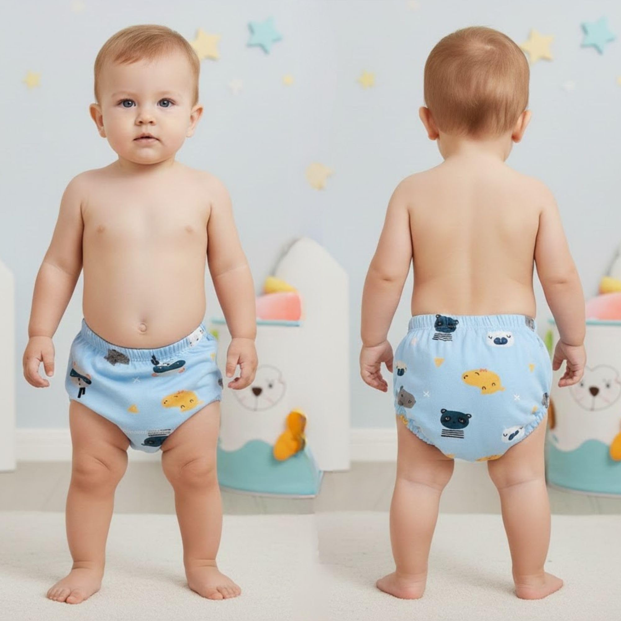 BEMBIKA Potty Training Pant for Babies Cotton Reusable Leakproof Padded Underwear for Kids Ideal for Diaper-Free Time & Mess-Free Potty Training - (Light Blue Animal - 12M to 18M-M)