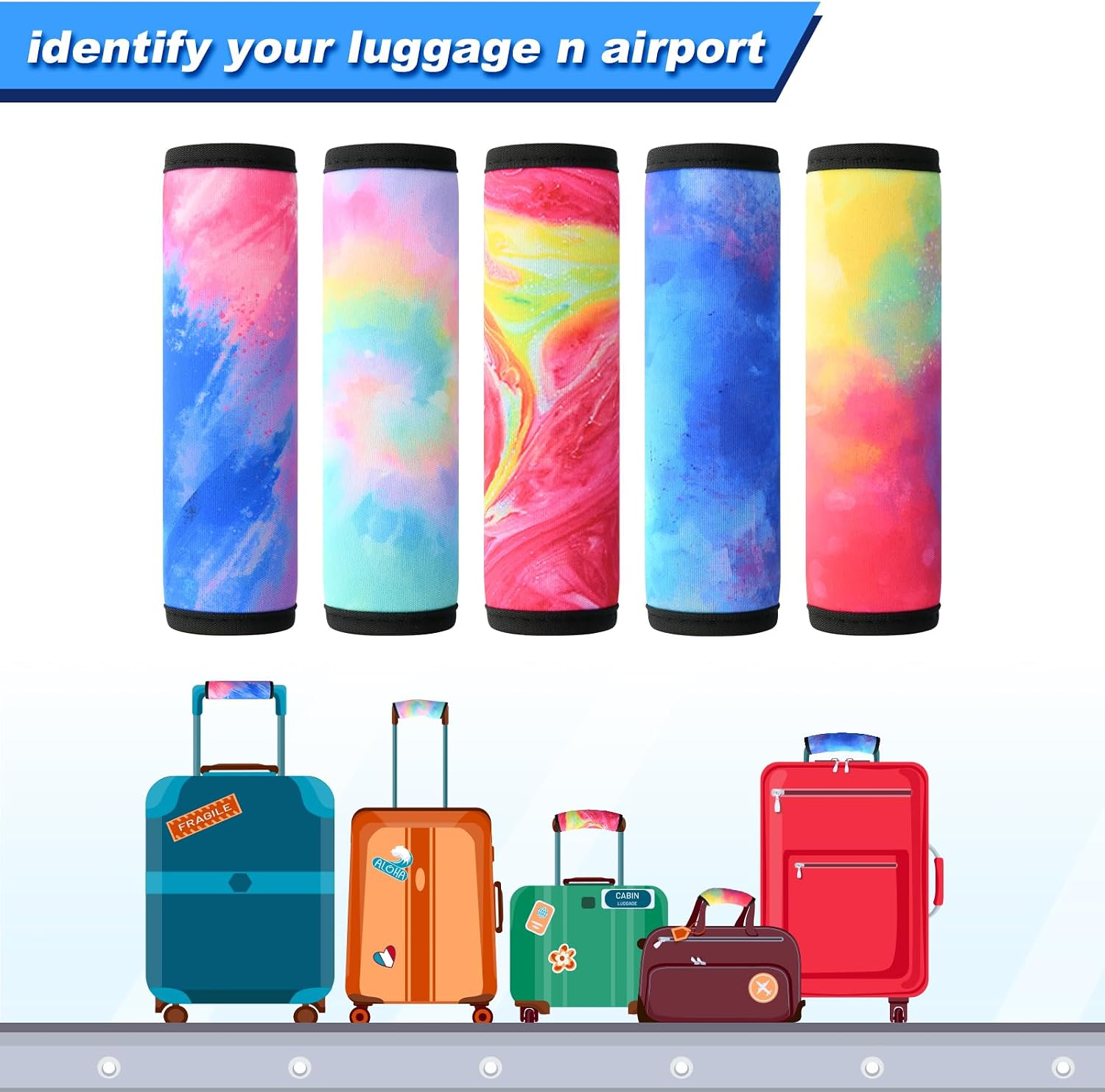 Cosmos 5 Pcs Neoprene Luggage Handle Wrap Beach Bag Tote Handle Grip Luggage Identifier Detachable Handle Covers for Travel Bag Luggage Suitcase Beach Tote Bag (Paint Pattern (5 Pcs - Large))