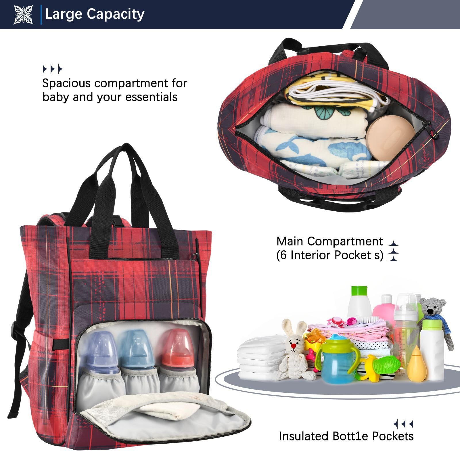Rojo Negro Plaid Vintage Bolsa de Pañales Mochila de Viaje Gran Capacidad Bolsas para Mamá Papá Mujeres Niñas
