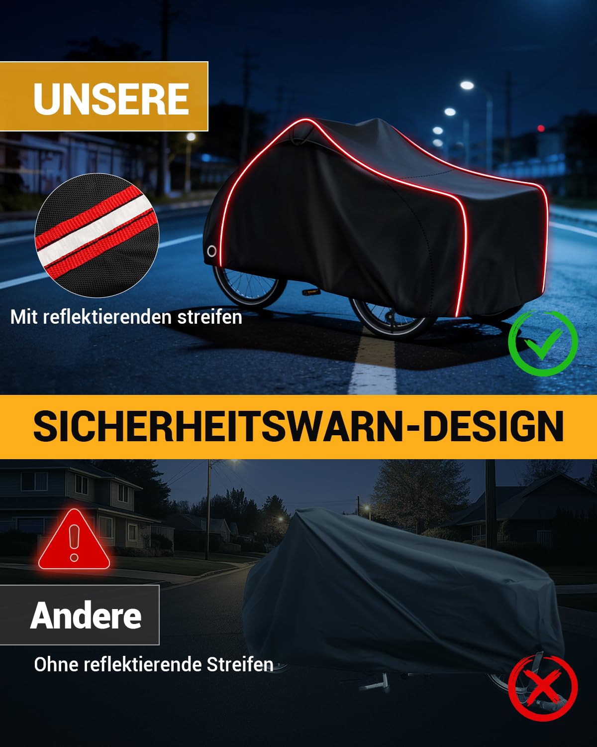 Fahrradabdeckung Lastenrad Abdeckplane Lastenrad Wasserdicht Lastenrad Abdeckung Dreirad mit Reflektorstreifen 420D Oxford-Gewebe Winddichte Reißfest (258×105×125cm)