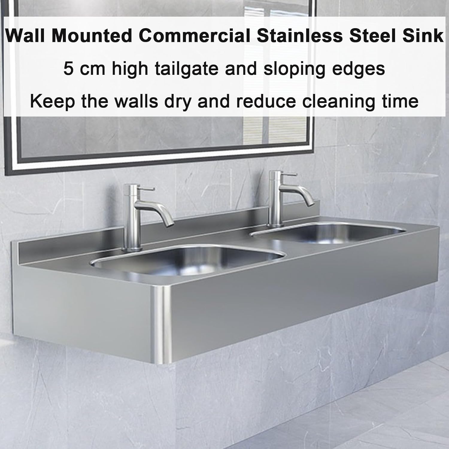Wall Mounted Floating Double Bowl Sink, Commercial Dual Hand Washing Station Stainless Steel Vessel Sink, Trough Bathroom Sink Double Basin Vanity Sink, for Public Restroom/School/Bar/RV