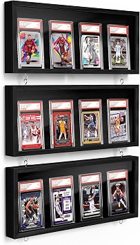 Trading Card Display Case, 3 Pack Wooden Card Display Frame Wall Mount, Graded Card Display with Clear View, Trading Card Case for Football & Sports Cards Collection Black