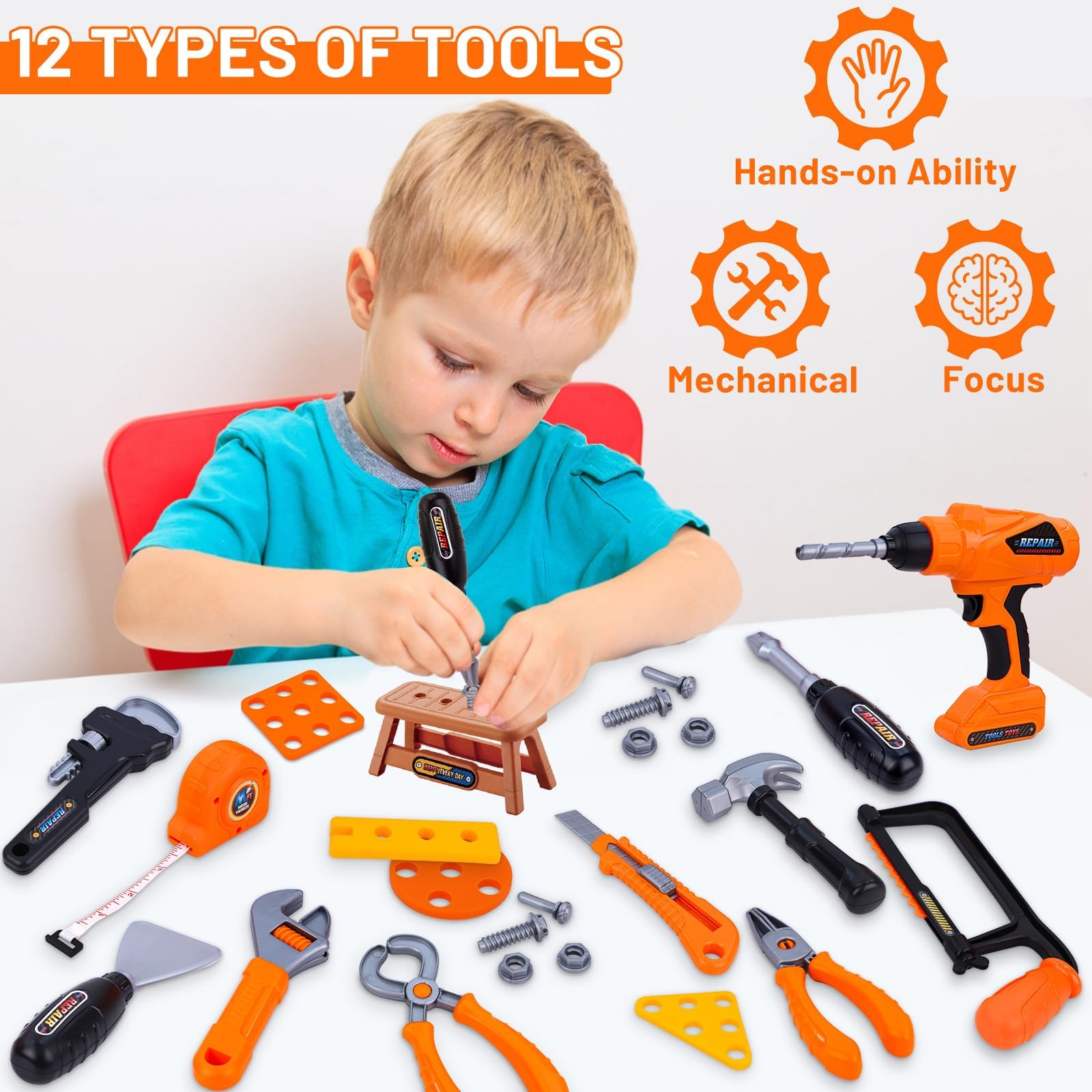 Magic4U 49PCS Werkzeugkoffer Kinder,Werkzeugkasten,Bauwerkzeug Spielzeug,Kinder Werkzeug Spielzeug Set,Werkzeugkoffer Weste Hammer Bauhelm Spielzeug Junge Mädchen ab 3 4 5 6 7 8 Jahre