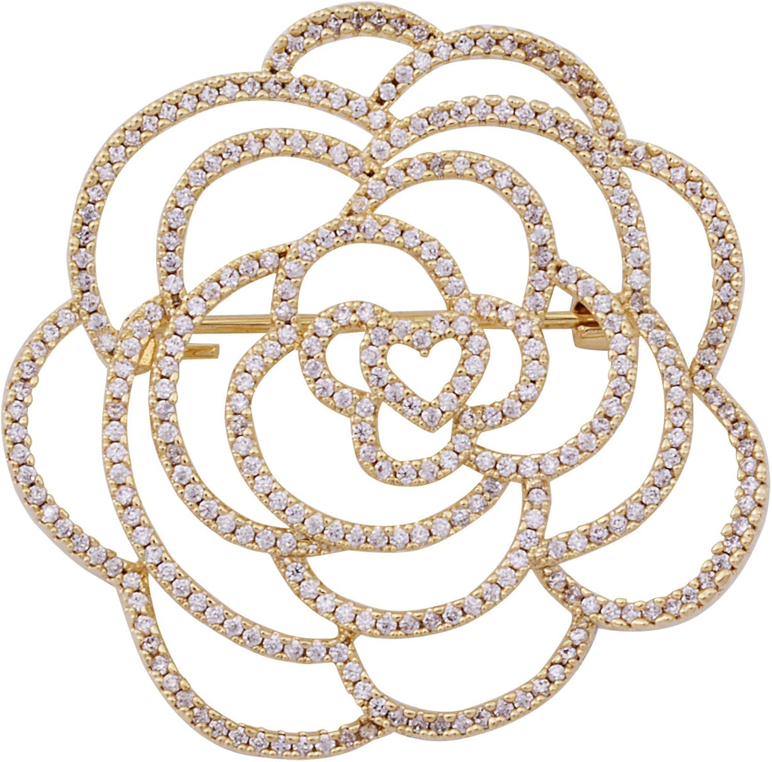 YYBONNIE Cubic Zirconia Love Heart Rose Camellia Flower Brooch Pin Wedding Party Brooch Jewelry For Women