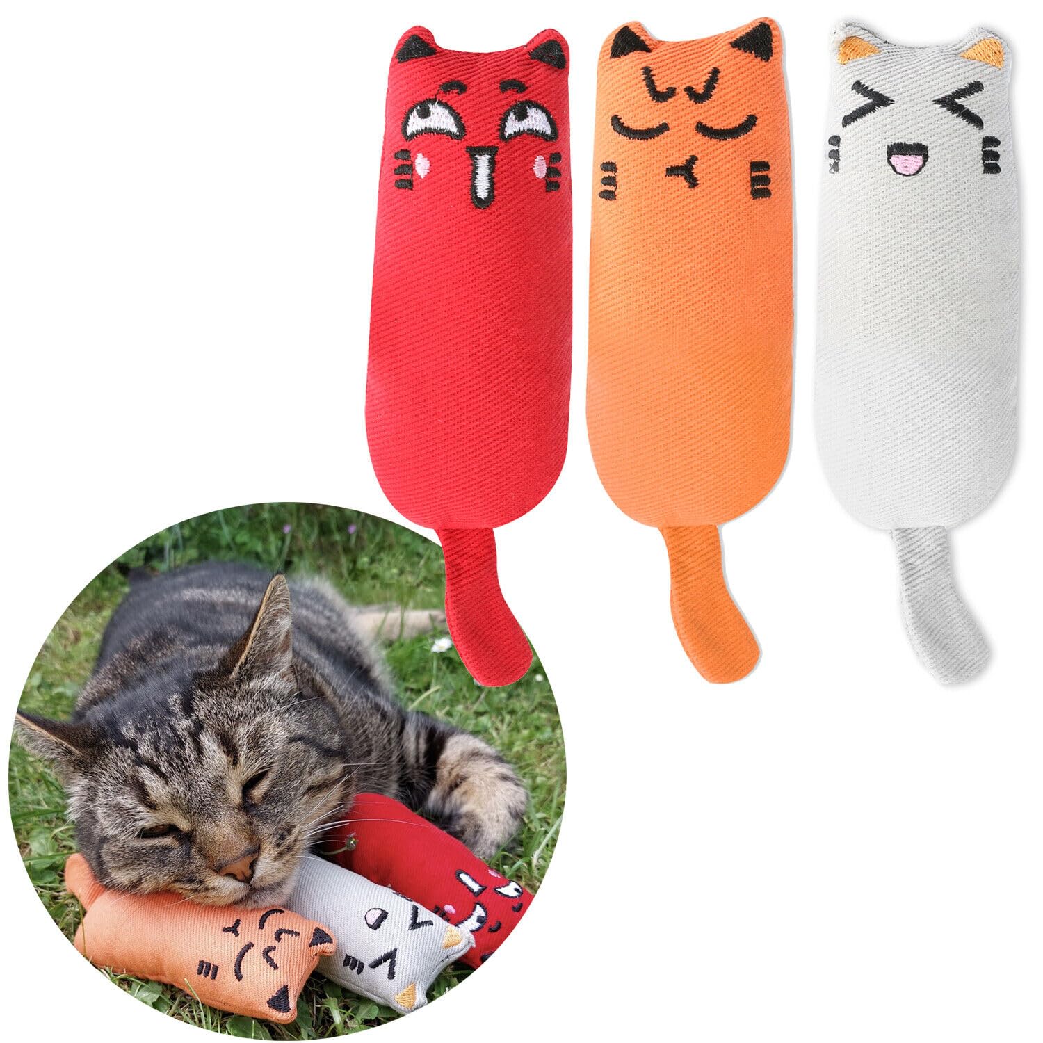 LOVETRENDS Catnip Toys - Pack of 3 Red, Grey and Orange Cat Toys - Teeth Cleaning Cat Toys
