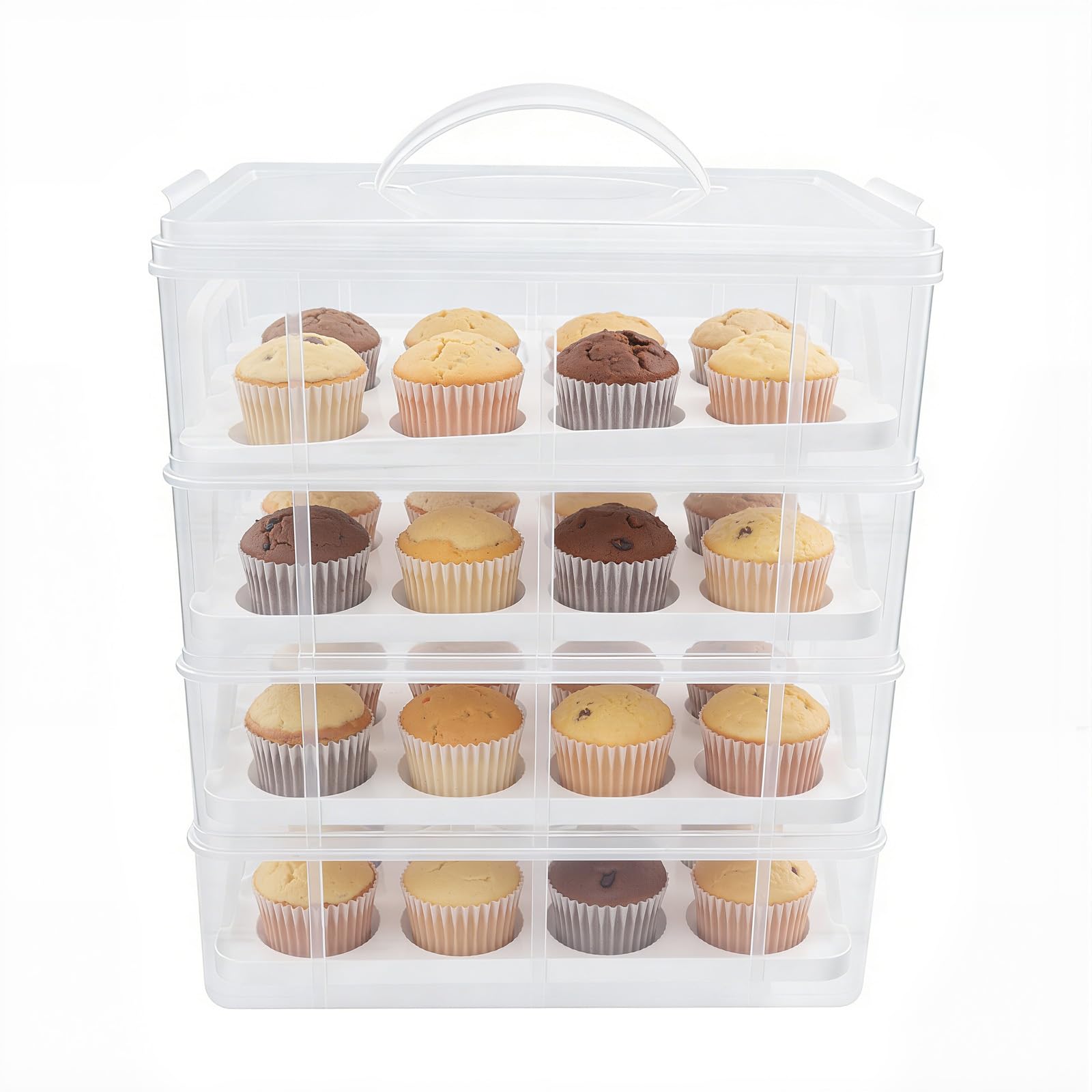 Ginelm 4-Tier Cupcake Carrier with Handle, 48-Hole Transparent Cake Holder for Transport to Birthday Parties, Celebrations, Home Bakers, Reusable Dessert Travel Container Box