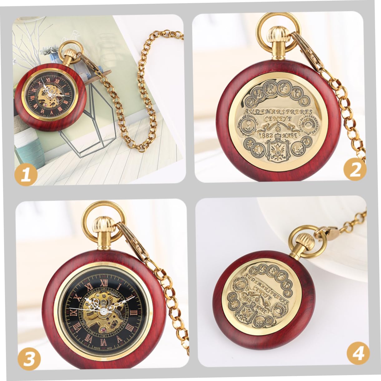 CALLARON Reloj de Bolsillo Mecánico Colgante con Números Clásicos, Diseño Antiguo de Madera y Vidrio, Decorativo para Uso Diario o Eventos Obsequios