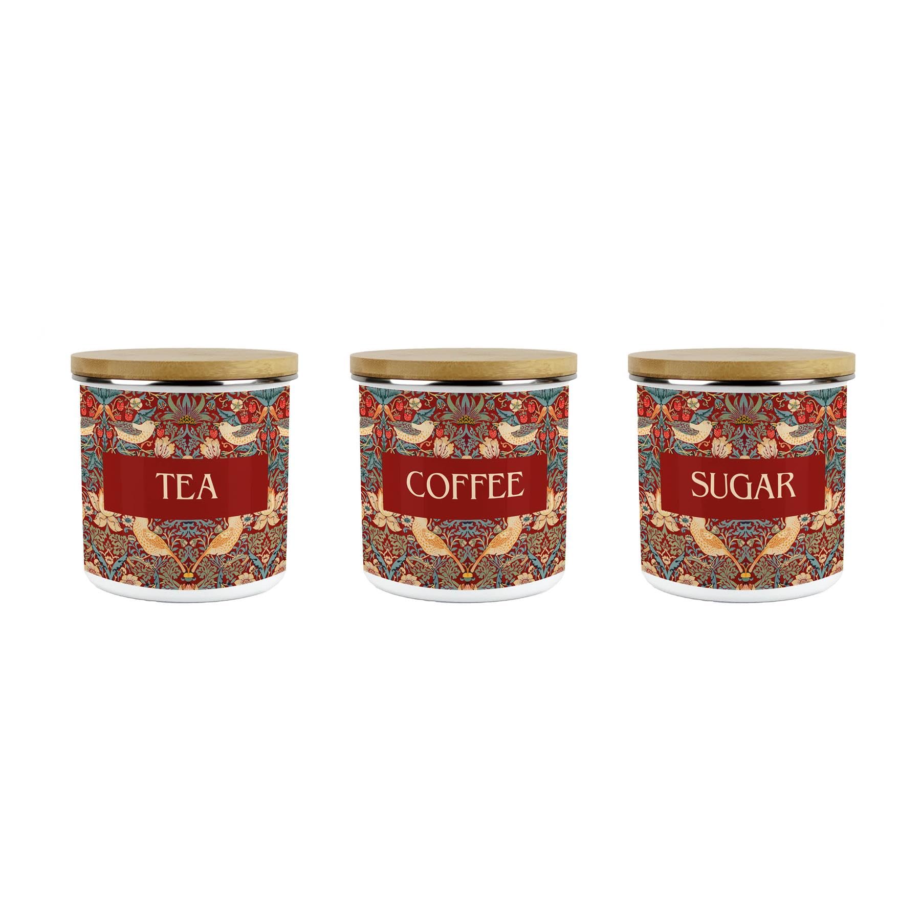 Purely Home Red Strawberry Thief Tea, Coffee & Sugar Storage Canisters Set - Morris Inspired Tapestry Artwork Gifts - Medium Metal Enamel Kitchen Hot Drinks Containers Pack of 3