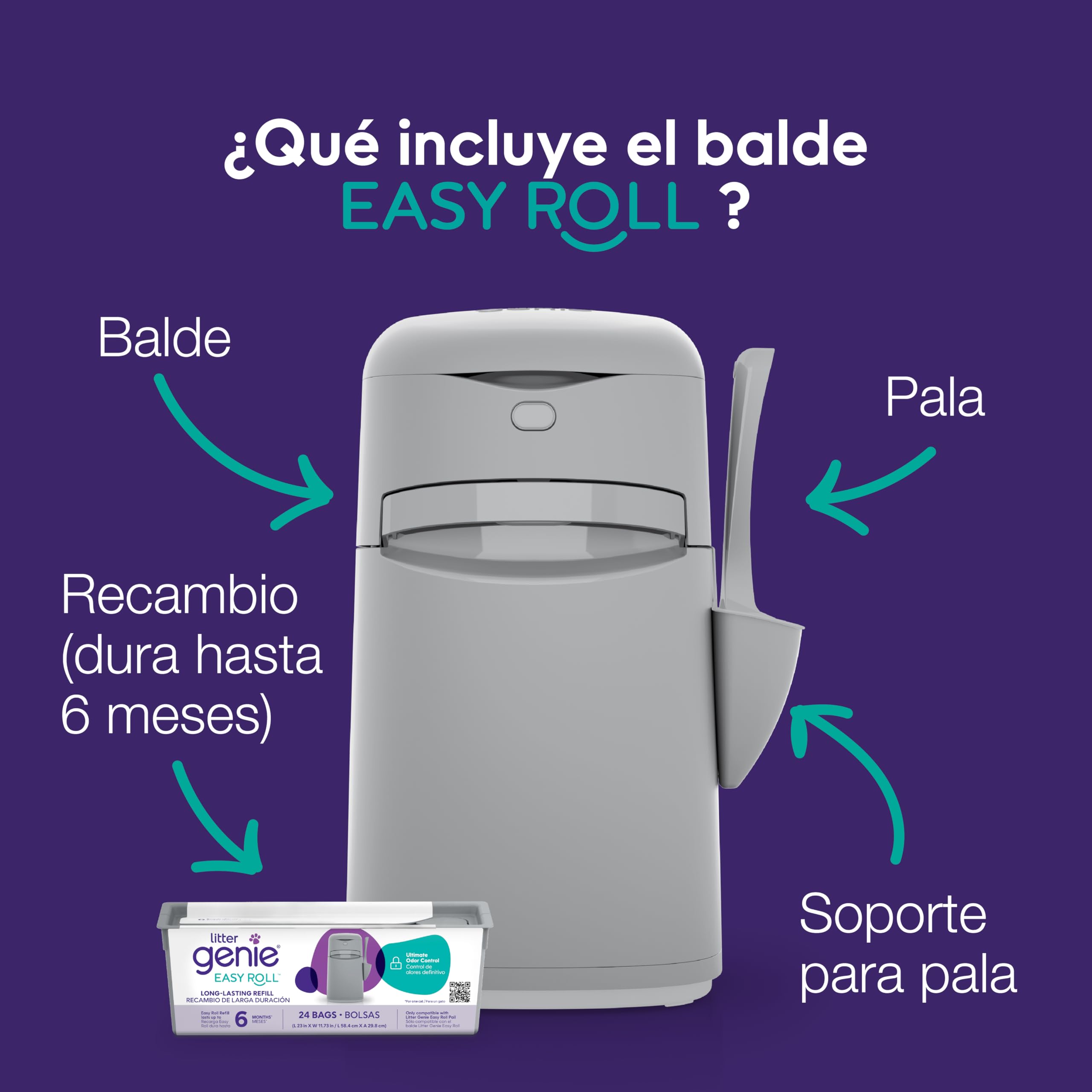 Litter Genie Easy Roll Pail, Sistema de eliminación de Arena para Gatos, Control de olores definitivo, Limpieza sin Esfuerzo, Incluye 1 Recambio con 12 Bolsas (3 Meses)